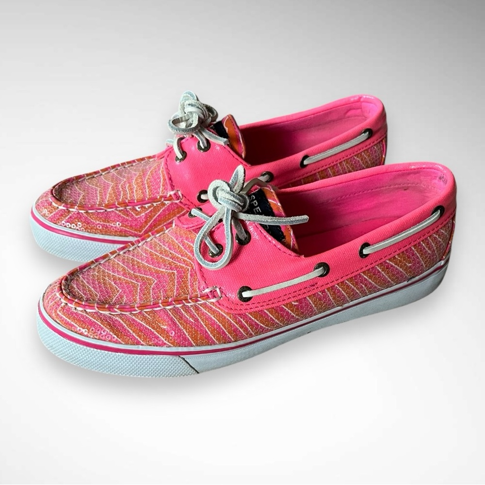 SPERRY TOP-SIDER‎ Bahama Pink Orange Sequin Boat Shoes Size 8 | EUC